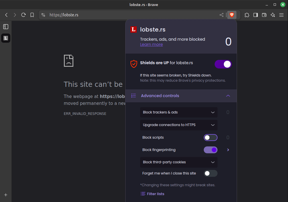 Lobste.rs detects I am using Brave