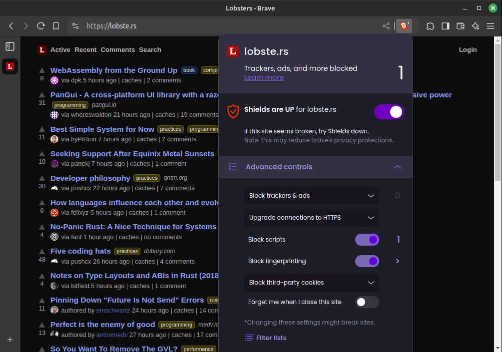 Lobste.rs unaware I am using Brave